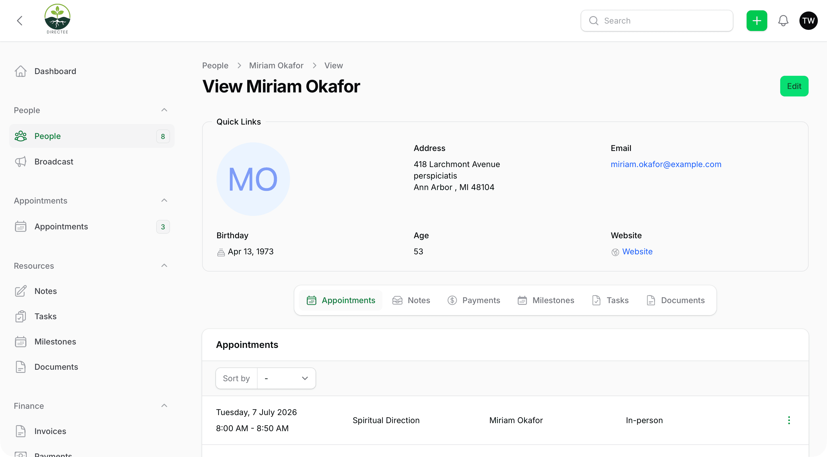 A directee profile in Directee with appointments, notes, payments, and documents in one place