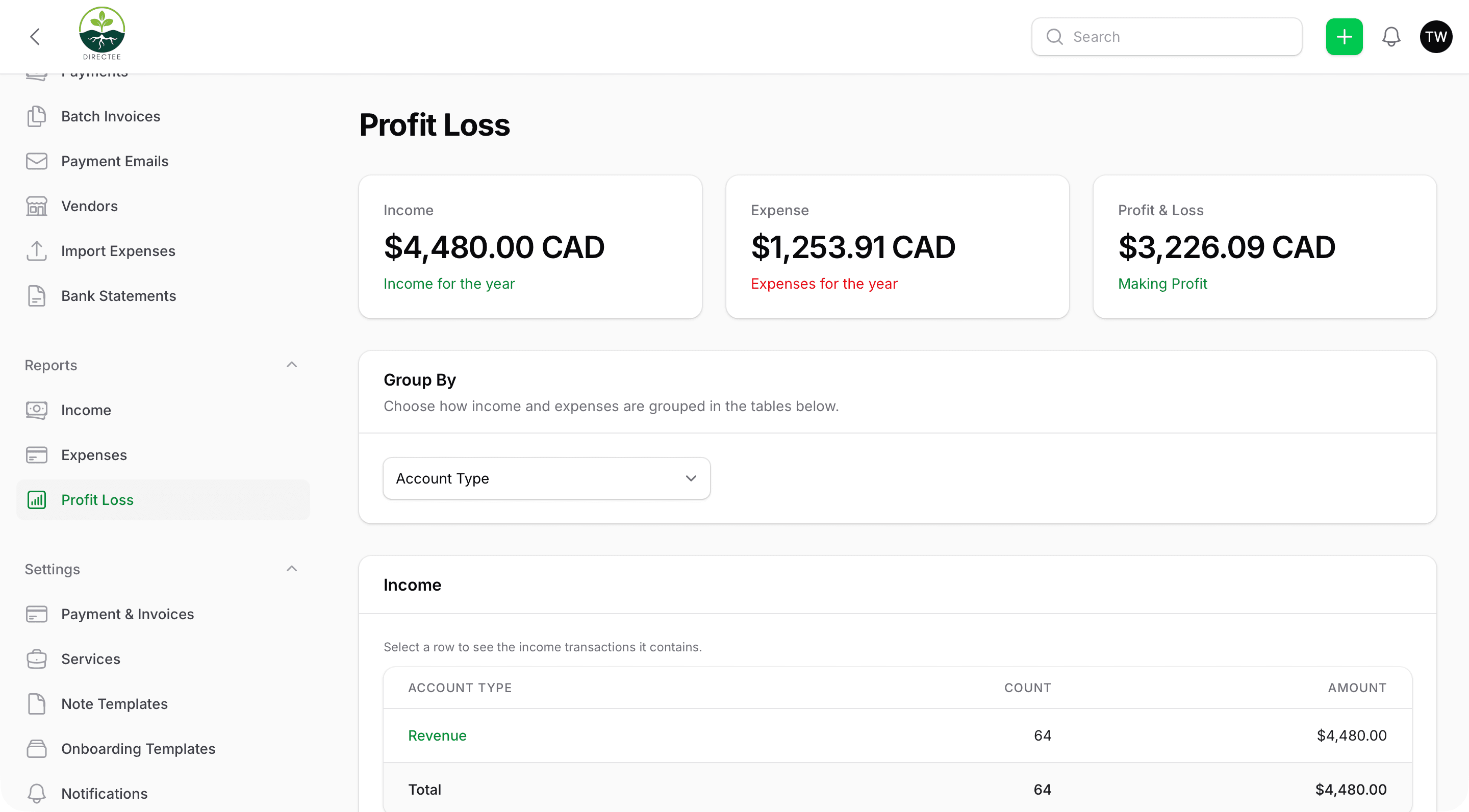 The profit and loss report in Directee showing income, expenses, and profit for the year